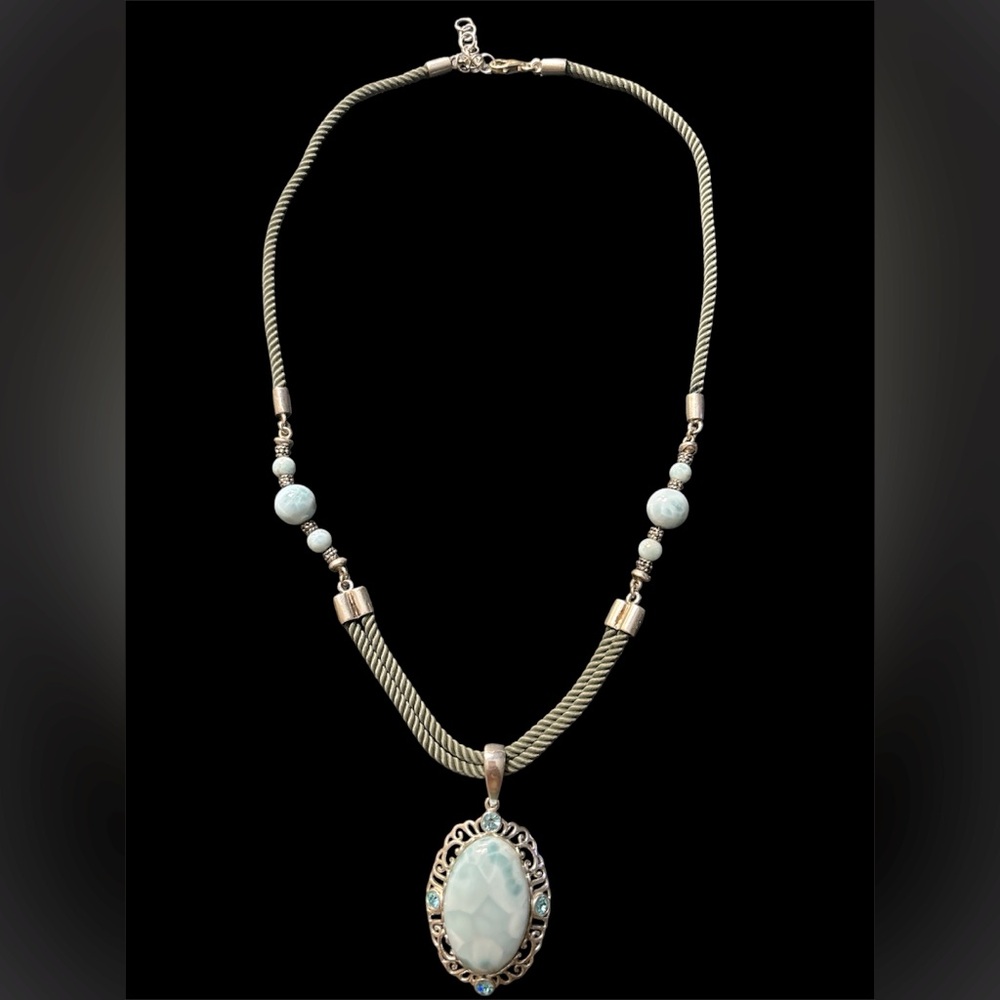 VTG Sterling 925 silver pendant, large blue stone blue crystals cord necklace
